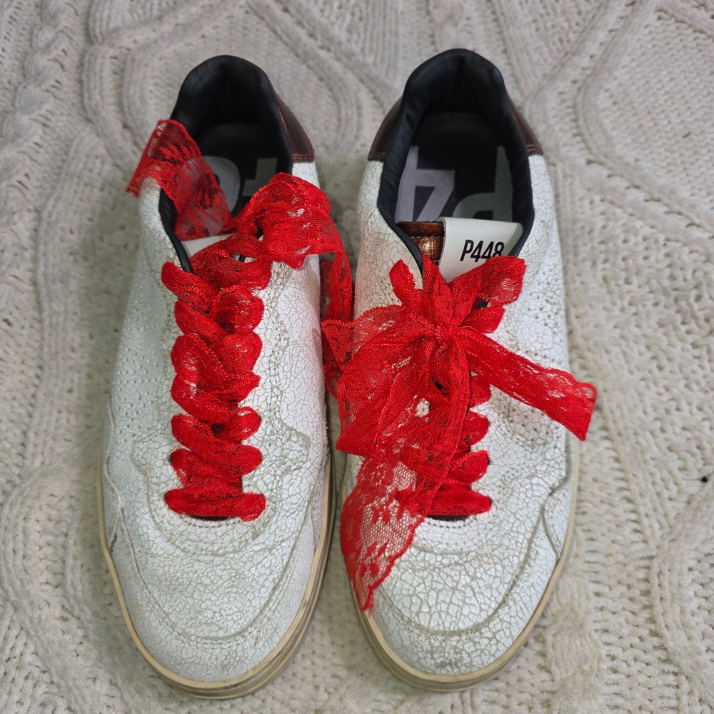 P448 John Skate Sneakers White Cracked Leather Red‎ Lace You Can Surf Womens 38